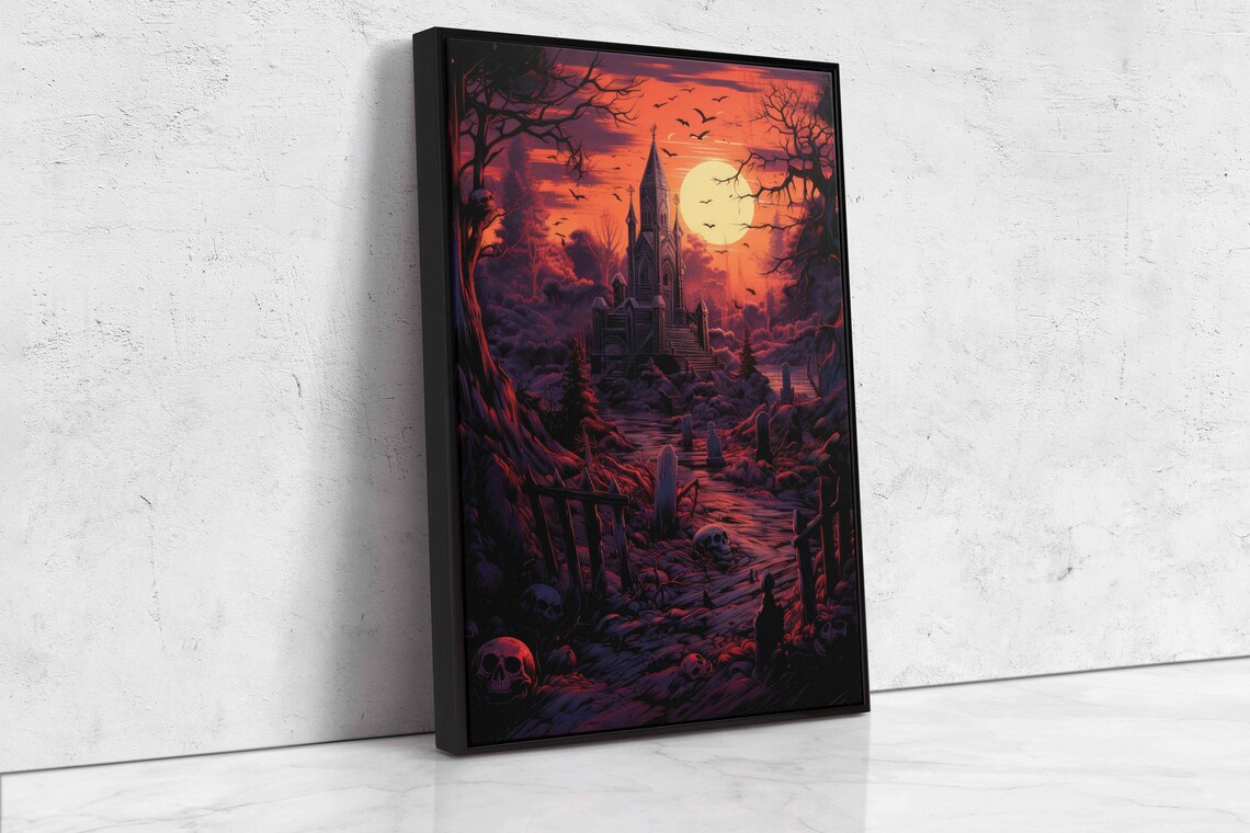 Haunted Gothic Castle Sunset Graveyard Bats Full Moon Halloween Art Print - Image 4