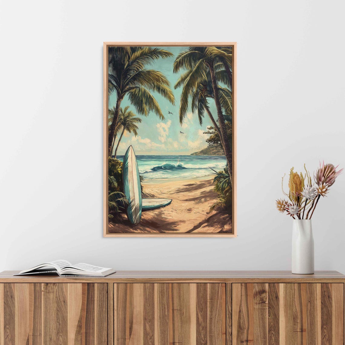 Vintage Surfboards on a Tropical Beach Retro Surf Scene Poster