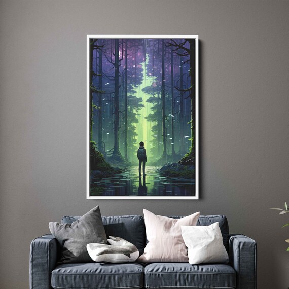 Boy In Glowing Forest Wall Art Print Water Covered Path Wooded Backpacker Fantasy Forest Ready To Hang