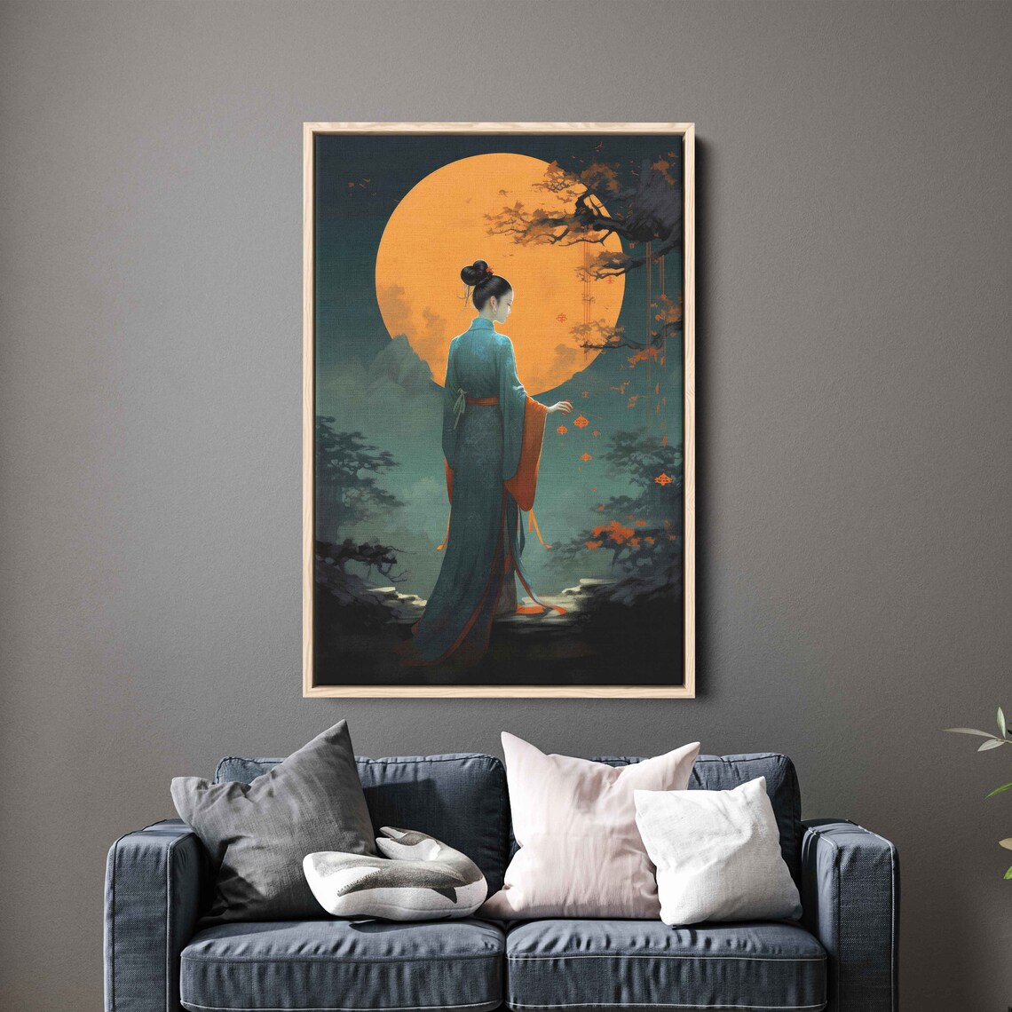 Japanese Woman Kimono Golden Full Moon Night Retro Asian Art Poster