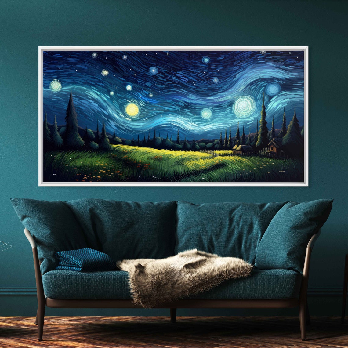 Starry Night Farmhouse Cypress Trees Green Field Swirling Sky Poster - Image 3