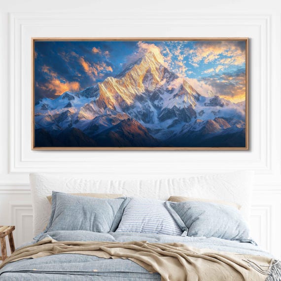 Himalayas Sunrise Wall Art Print Dramatic Oil Painting Golden Peaks Azure Sky