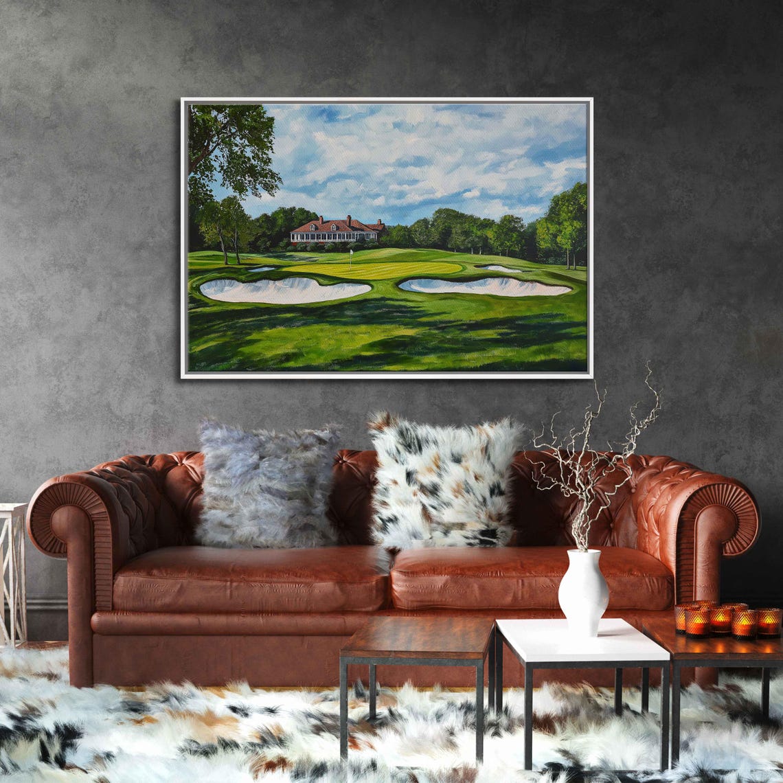 Championship Golf Green Twin Sand Bunkers Clubhouse Painting Poster