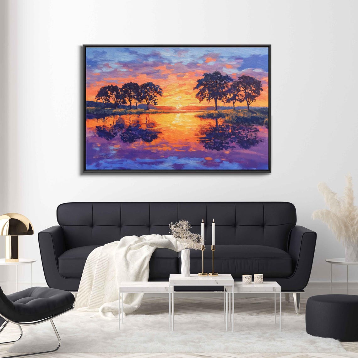 Sunset Silhouettes Of Oak Trees Reflecting In Tranquil Pond Poster - Image 3