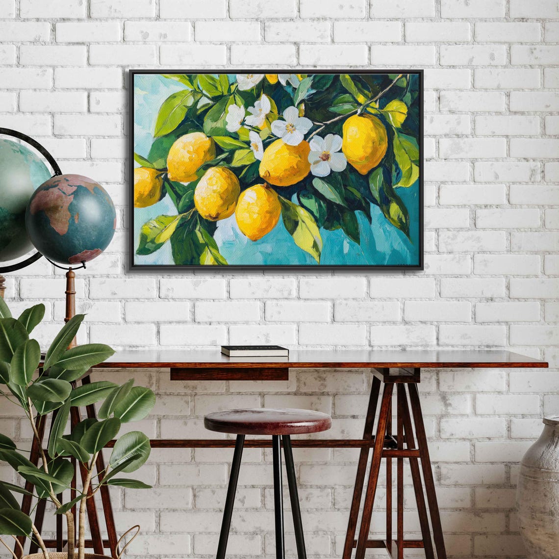 Bright Yellow Lemons With White Blossoms On Turquoise Art Print - Image 3