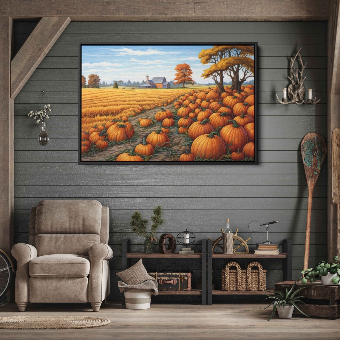 Pumpkin Patch Autumn Farm Barn Golden Wheat Field Harvest Wall Art - Image 3