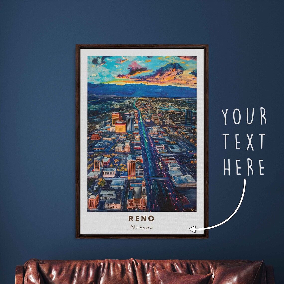 Reno Nevada City Lights Night Aerial Cityscape View Travel Poster