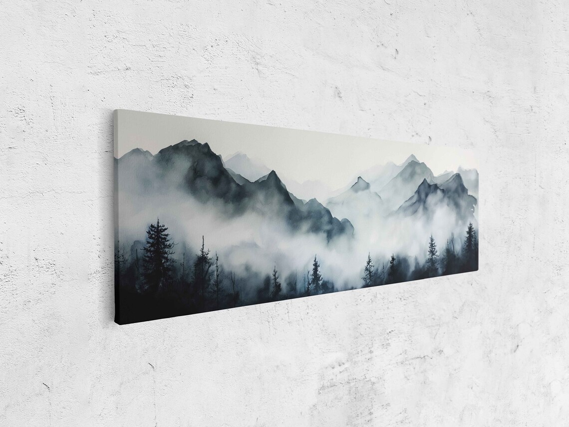 Foggy Mountain Landscape With Trees Painting Framed Print Ready To Hang - Image 4