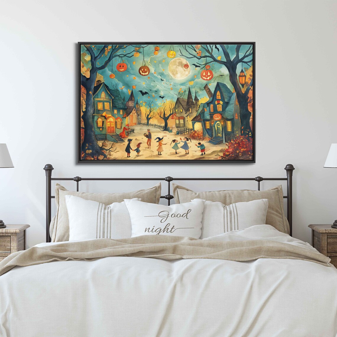 Halloween Village Square Jack O Lanterns Kids Moonlit Night Print - Image 3