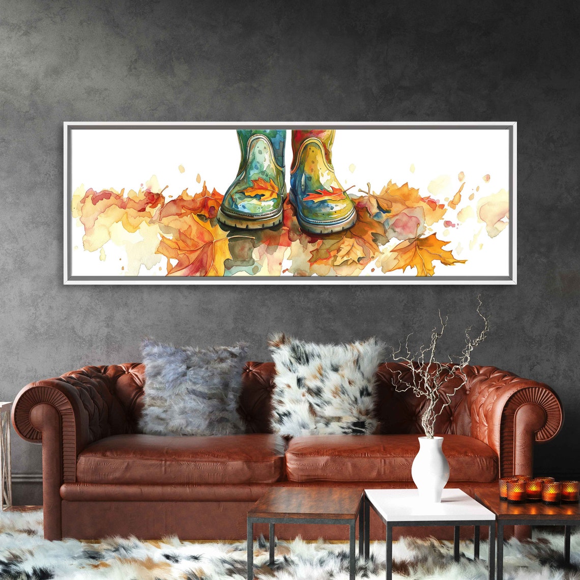 Colorful Rain Boots Standing On Autumn Leaves Watercolor Art Poster