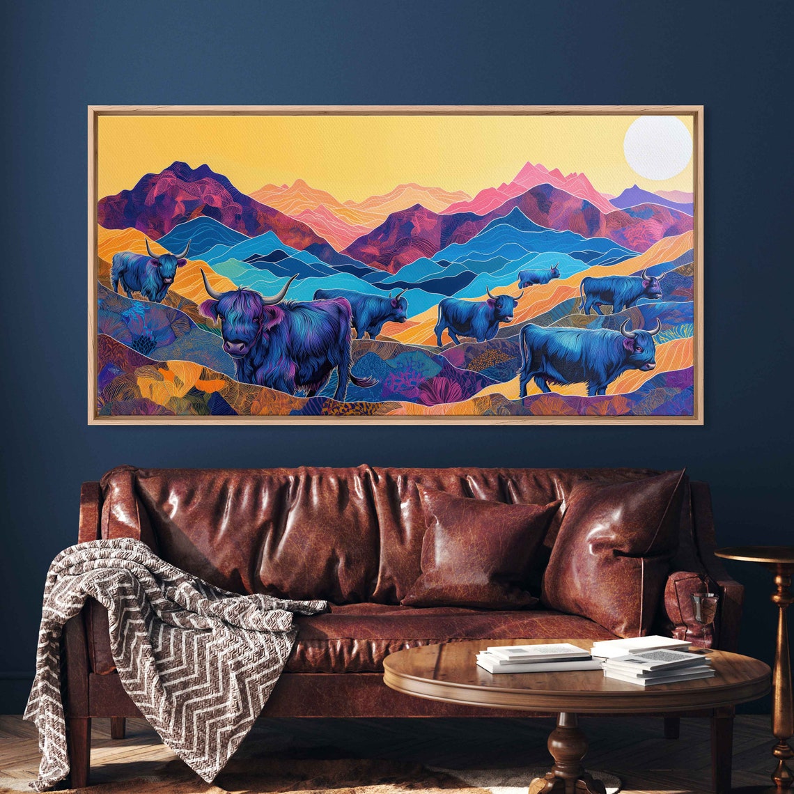 Blue Highland Cattle Sunset Mountains Colorful Folk Art Poster - Image 3