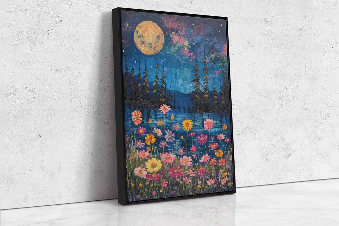 Golden Moon Wildflower Lake Pine Trees Night Sky Reflective Art Poster - Image 4