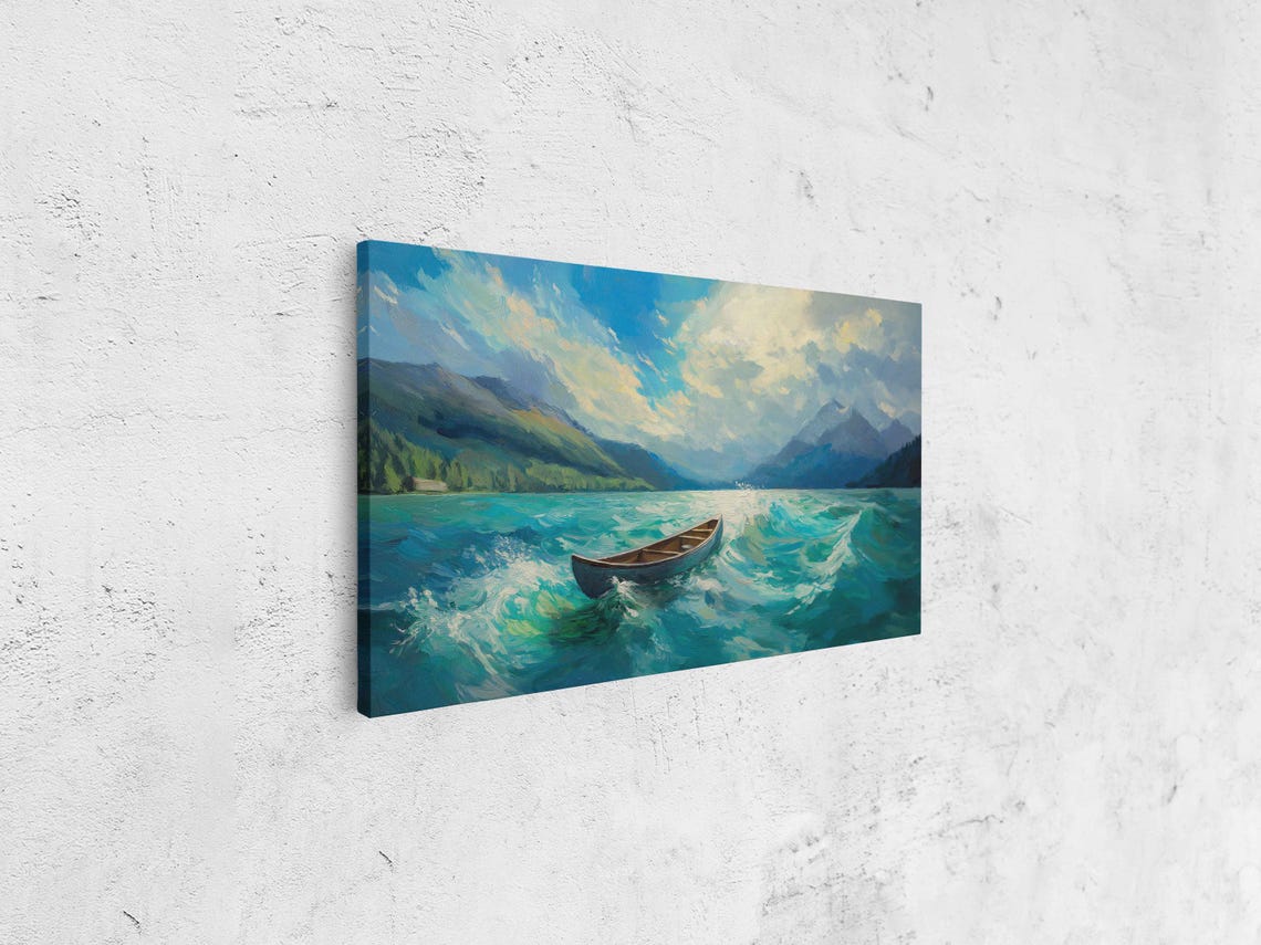 Lone Canoe Turquoise Lake Mountain Waves Scenic Paddling Art Poster - Image 4