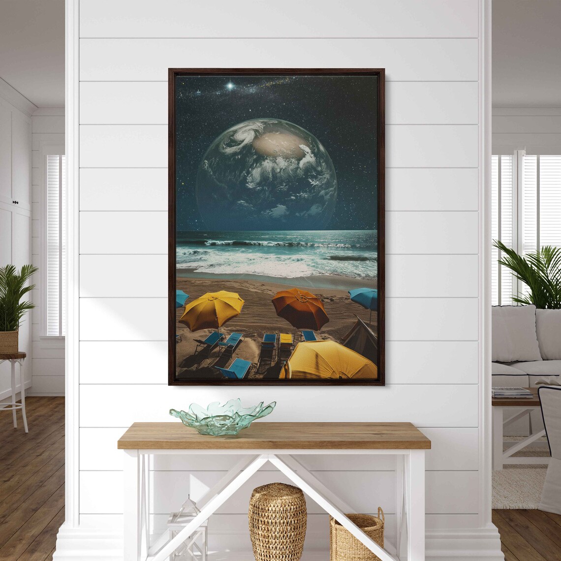 Beach Umbrellas Giant Earth Planet Night Sky Surreal Ocean View Wall Poster - Image 3