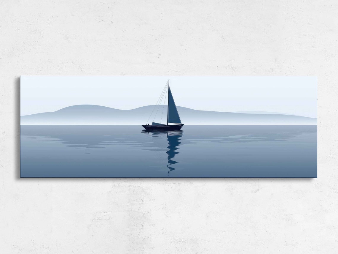 Minimalist Sailboat Calm Blue Water Misty Hills Modern Wall Art Print