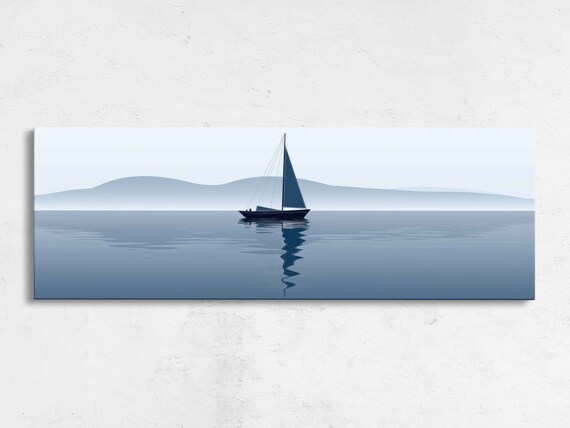 Minimalist Sailboat Calm Blue Water Misty Hills Modern Wall Art Print