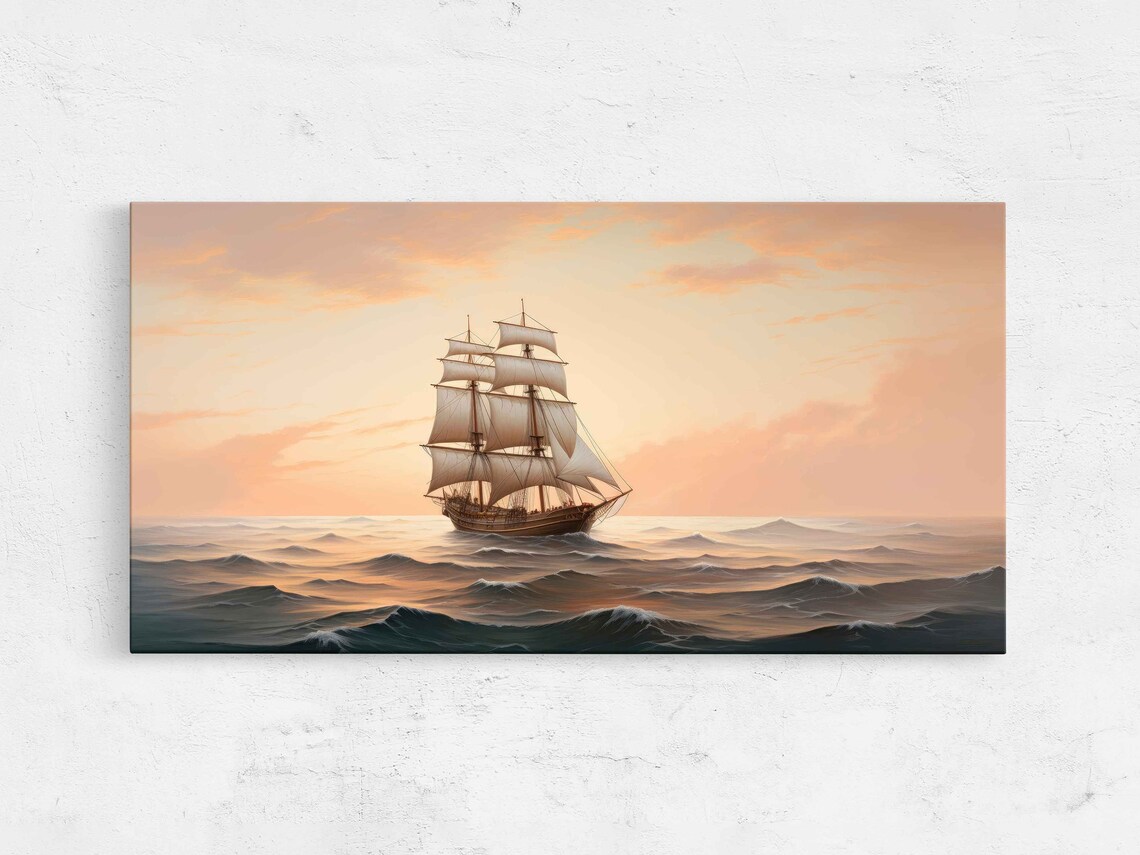 Vintage Tall Sailing Ship Ocean Sunset Waves Classic Nautical Seascape Poster