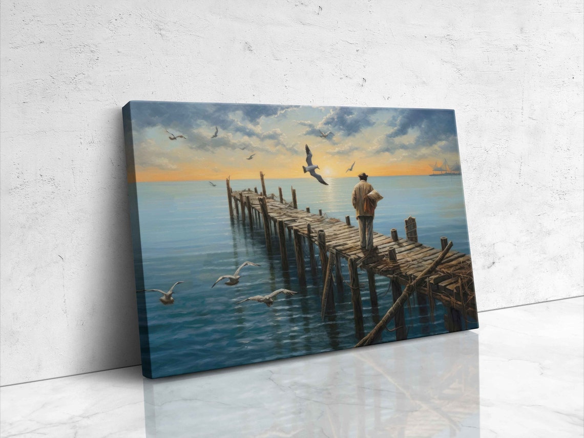 Fisherman On Wooden Dock Sunset Calm Sea Seagulls Painting Art Poster - Image 4