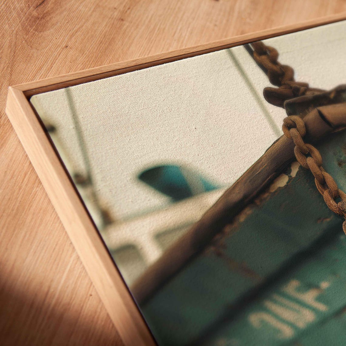 Rusty Anchor With Chain Hanging Off Weathered Teal Boat Bow Poster - Image 2