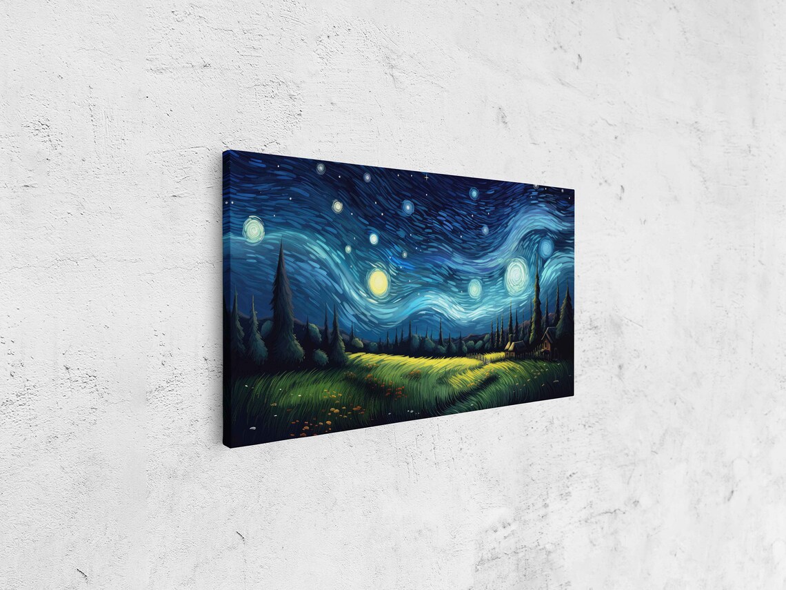 Starry Night Farmhouse Cypress Trees Green Field Swirling Sky Poster - Image 4