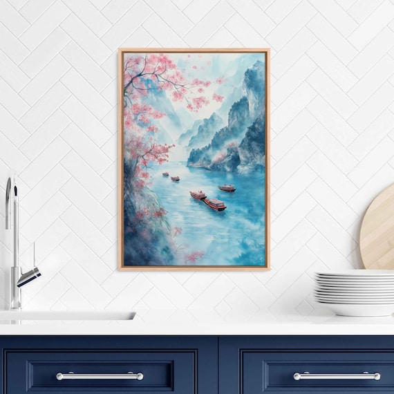 Boats Floating Down Yangtze River Watercolor Wall Art Print Cherry Blossoms Misty Mountains Ready To Hang