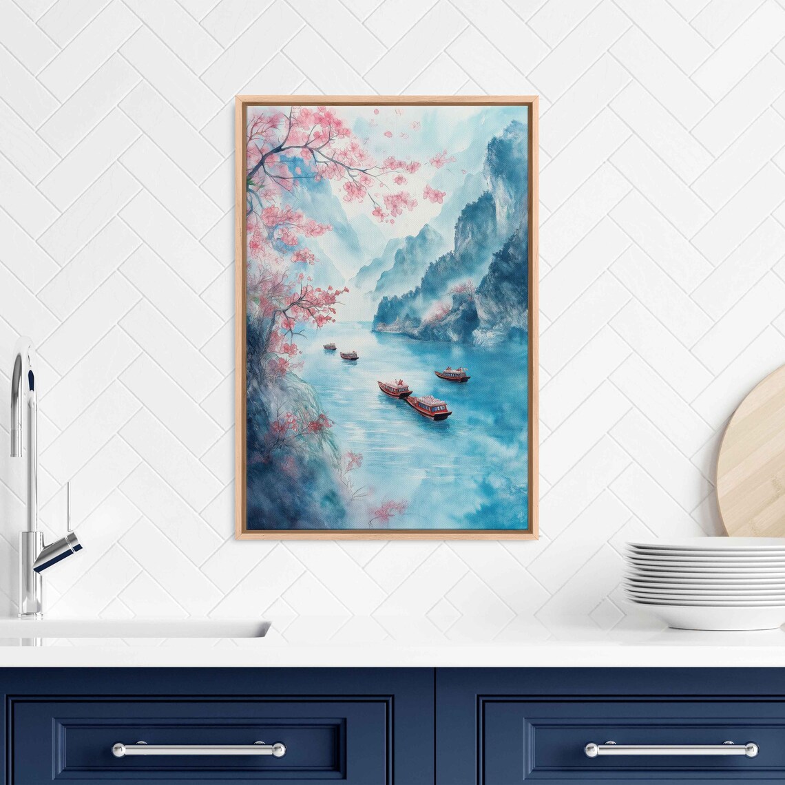 Boats Floating Down Yangtze River Watercolor Wall Art Print Cherry Blossoms Misty Mountains Ready To Hang