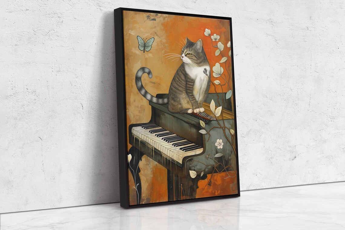 Whimsical Tabby Cat Sitting on Piano Floral Butterfly Vintage Art Print - Image 4
