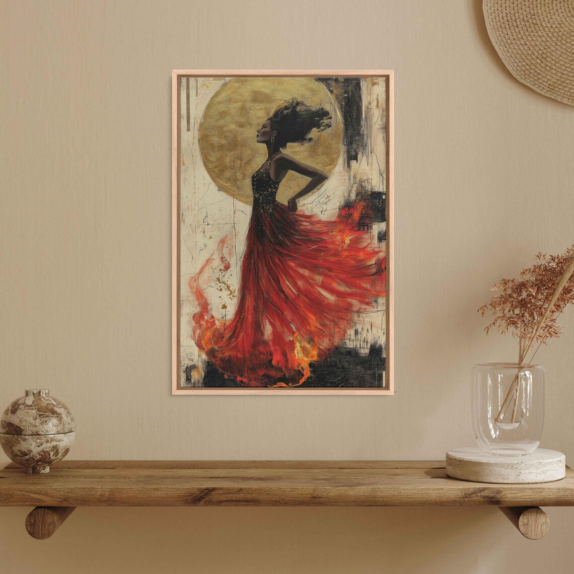 Surreal Fire Dancer Art Print, Red and Gold Elegance