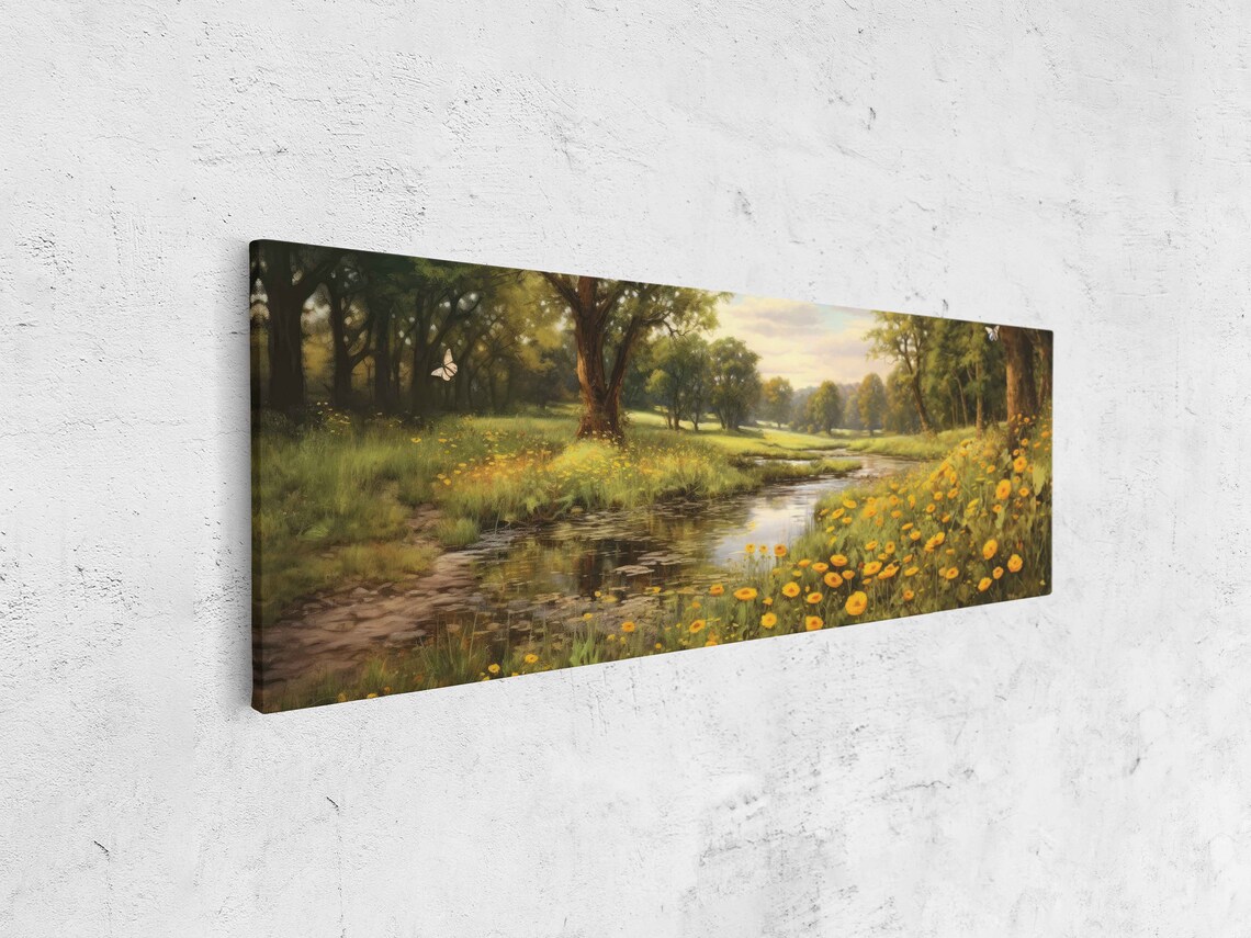 Panoramic Yellow Daises In A Quiet Forest Modern Oil Painting Framed Print Ready To Hang River Stream - Image 4