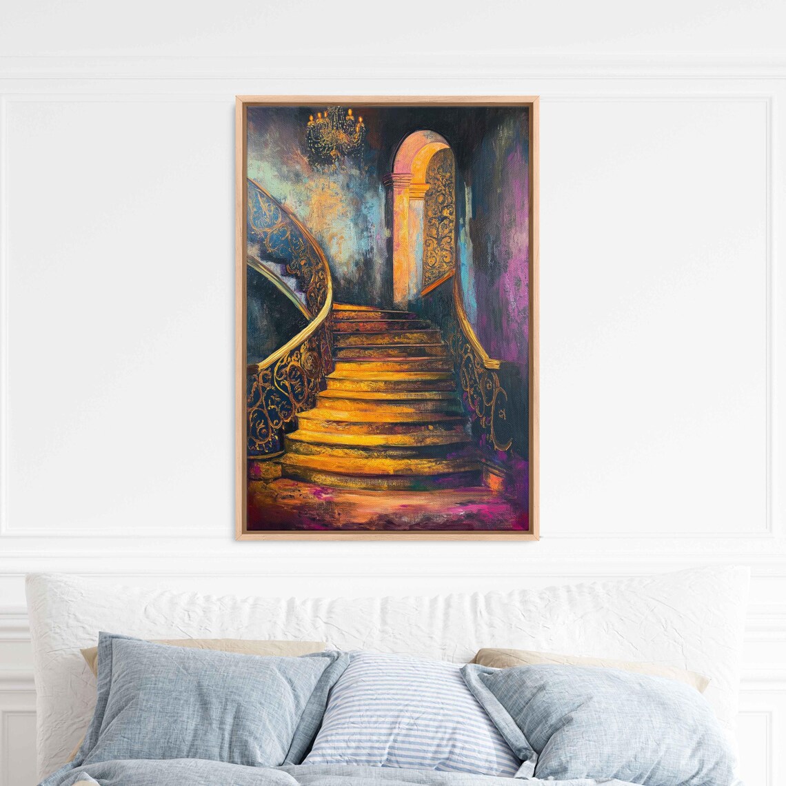Opulent Golden Staircase Painting Ornate Railings Moody Canvas Wall Art