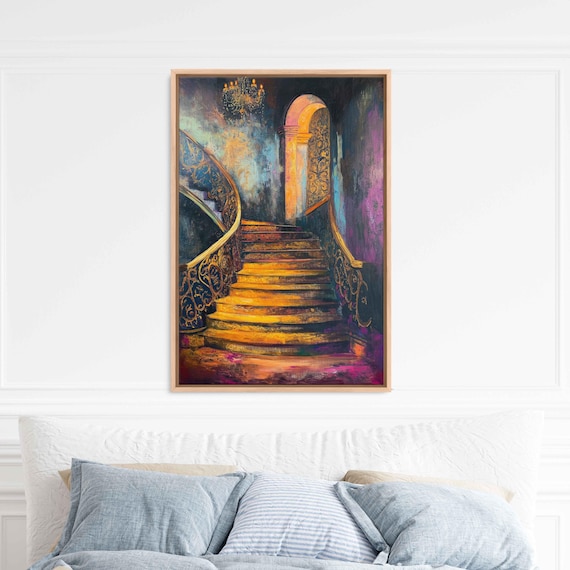 Opulent Golden Staircase Painting Ornate Railings Moody Canvas Wall Art