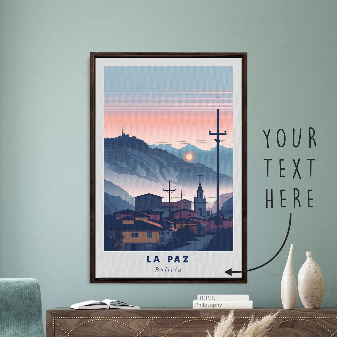 La Paz Bolivia Sunset Hillside Houses Vintage Travel Poster Art