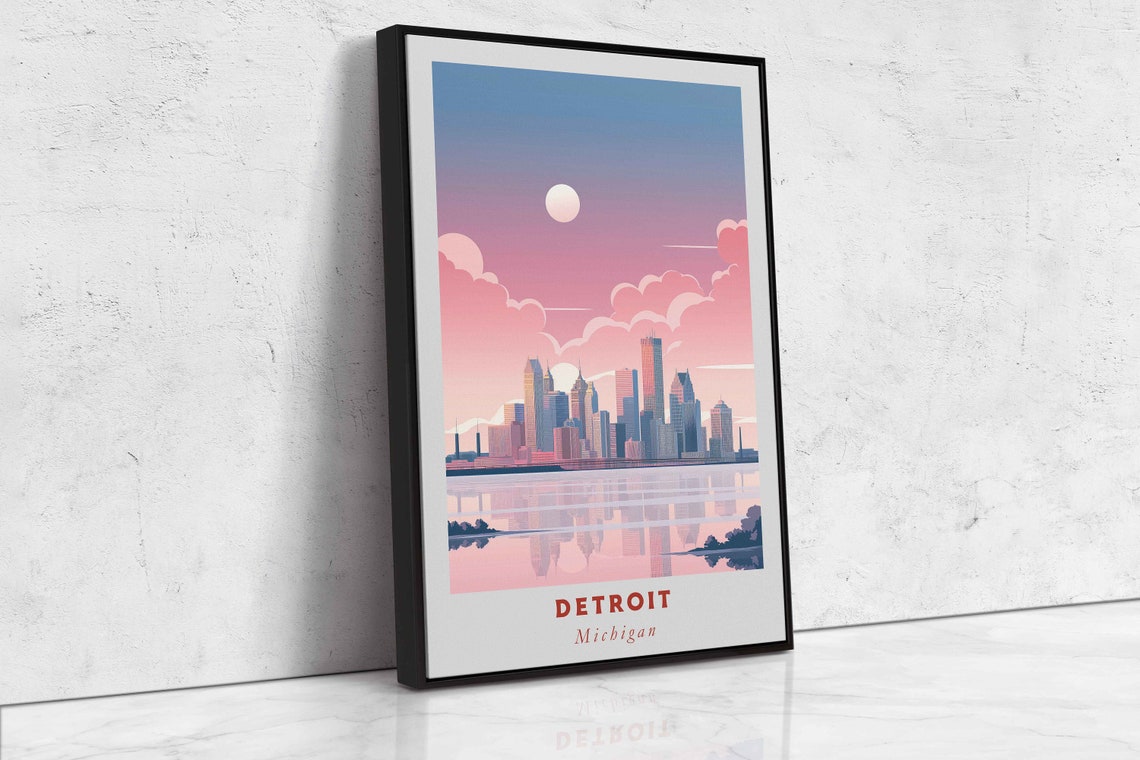 Detroit Michigan Skyline River Reflection Pink Sunset Travel Poster - Image 2
