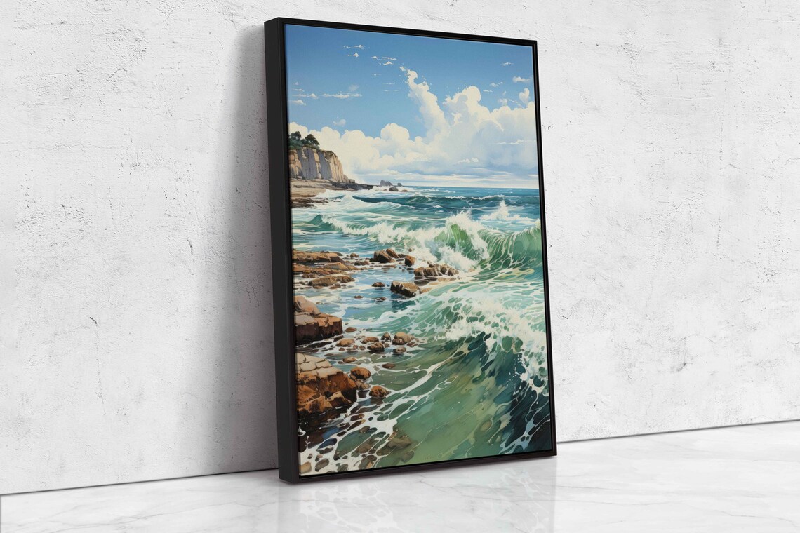 Turquoise Ocean Waves Rocky Coastline White Cliffs Watercolor Seascape Print - Image 4