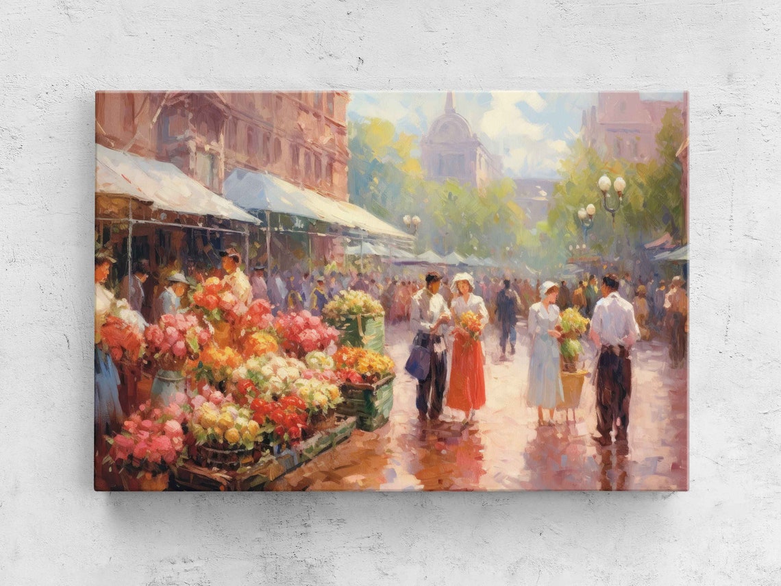 Sunlit Flower Market Street Vendors Impressionist Painting Print