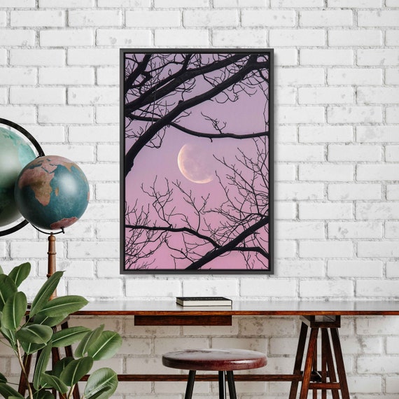 Crescent Moon Shown Through Tree Branches Wall Art Print Vibrant Pink Sky Nature Painting Ready To Hang
