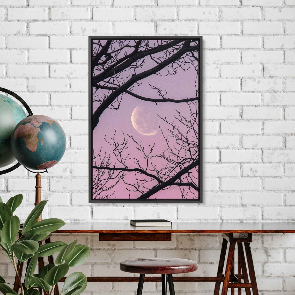 Crescent Moon Through Bare Branches Pink Twilight Sky Poster