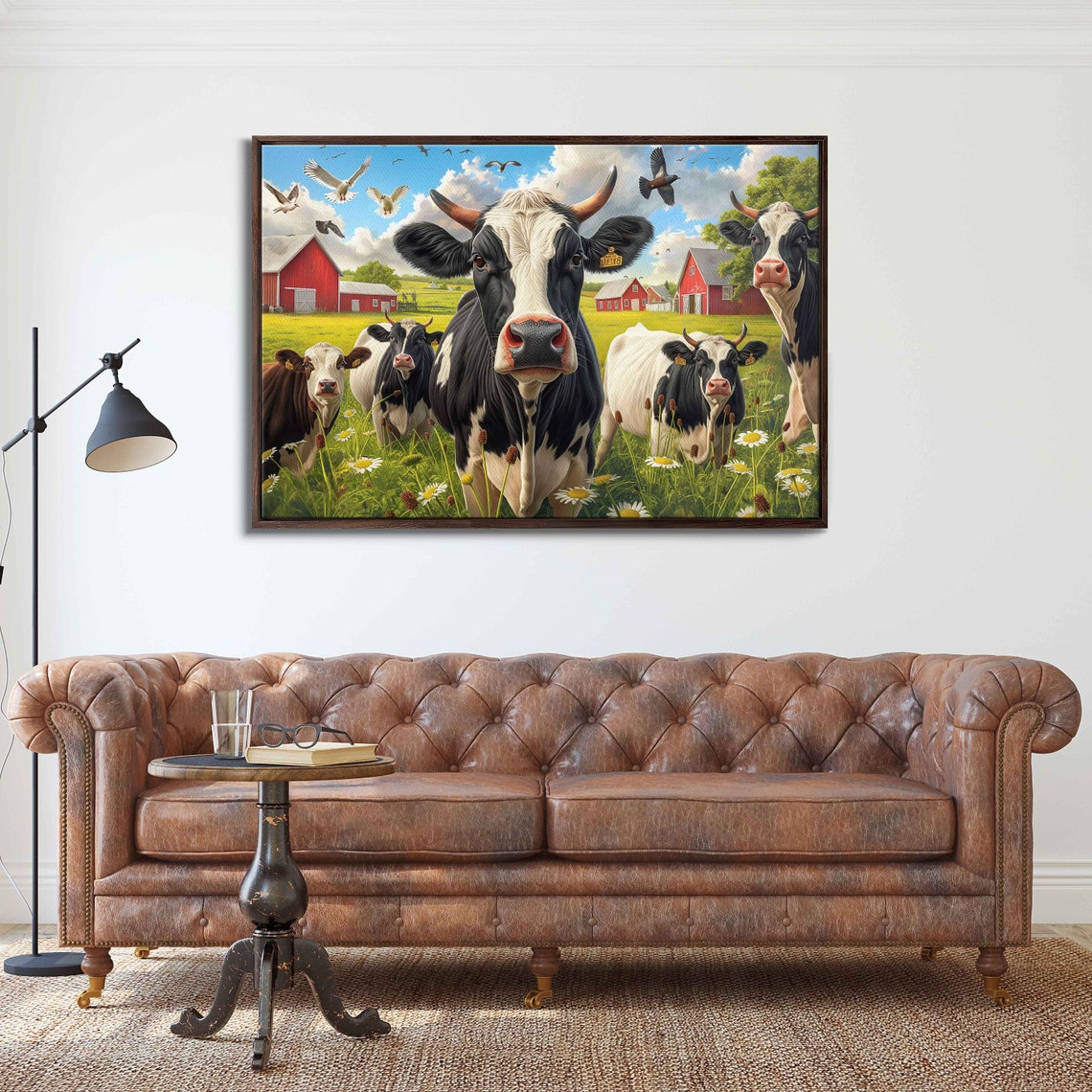 Curious Cow Herd Daisy Meadow Red Barns Summer Day Painting Poster