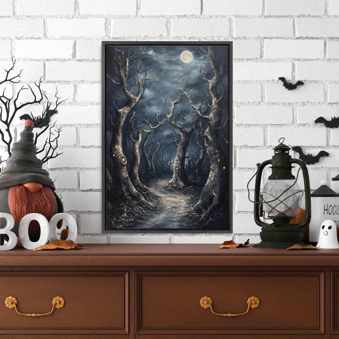 Haunted Forest Glowing Eyes Full Moon Spooky Night Path Wall Art