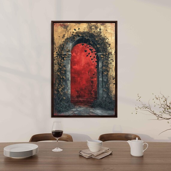 Ivy Covered Stone Archway Glowing Red Door Gold Leaf Surreal Garden Poster