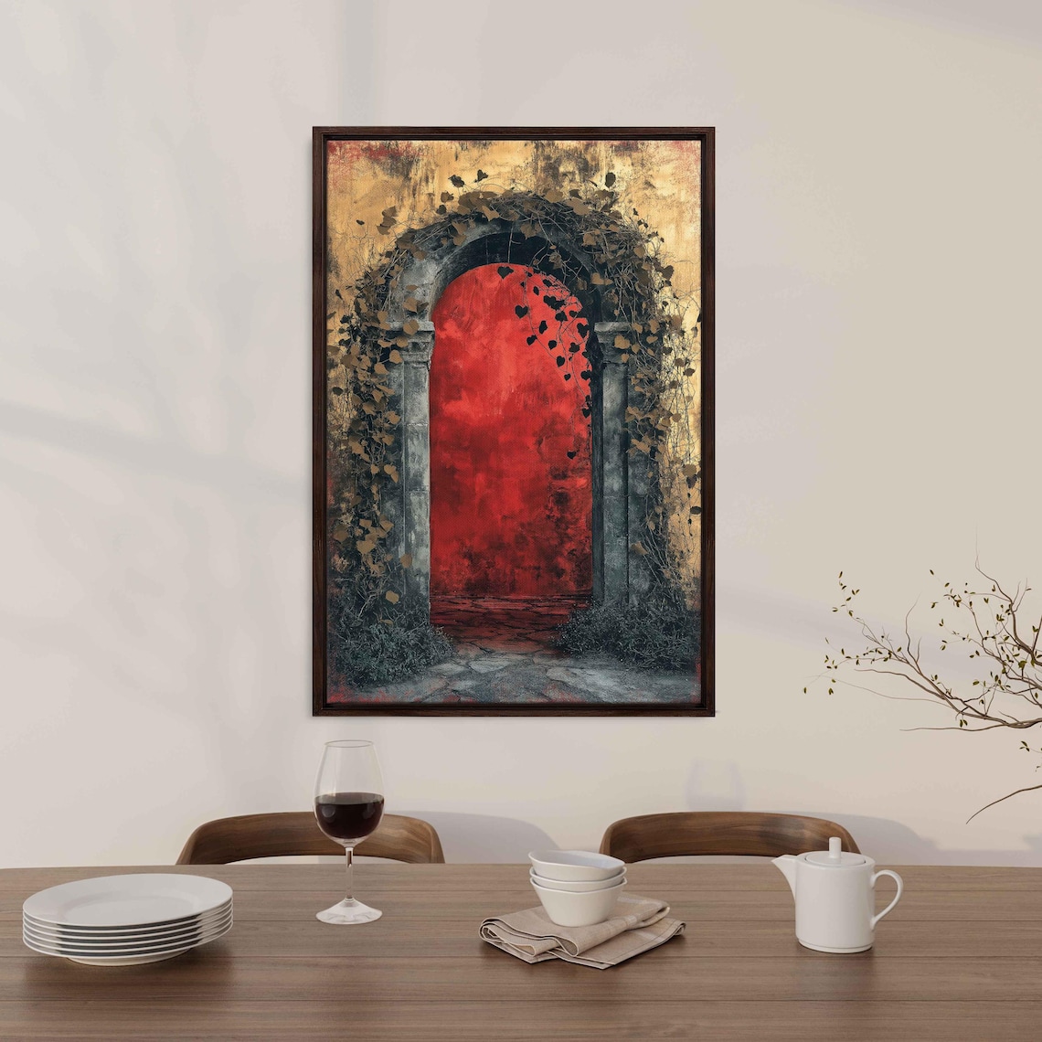Ivy Covered Stone Archway Glowing Red Door Gold Leaf Surreal Garden Poster