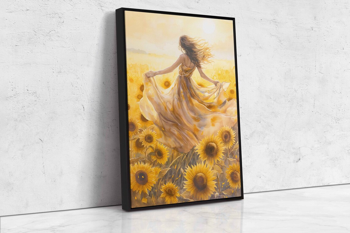 Woman Dancing In Sunflower Field Watercolor Wall Art Print Flowing Sundress Sunny Skies Flowing Hair Ready To Hang - Image 4