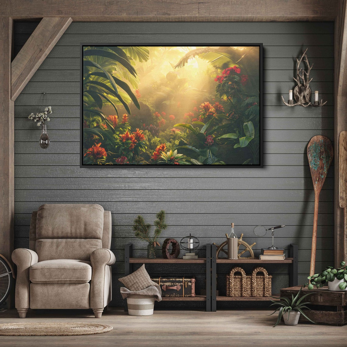 Sunlit Tropical Rainforest With Vibrant Red Blooms Nature Poster - Image 3