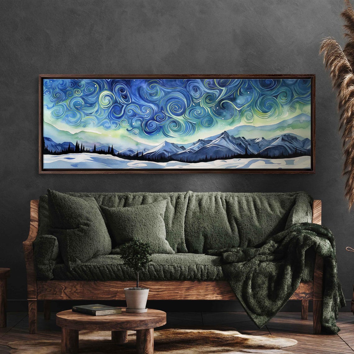 Swirling Starry Night Sky Watercolor Over Snowy Mountain Range Poster - Image 3