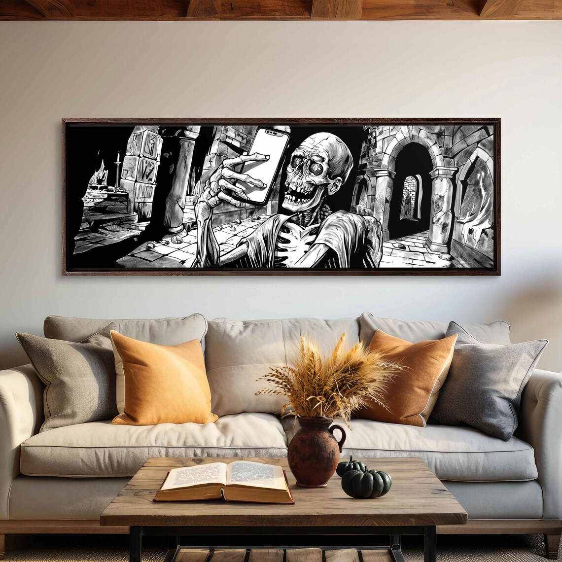 Skeleton Taking Selfie With Smartphone In Haunted Crypt Comic Ink Poster - Image 3