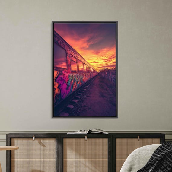Graffiti Train Car At Sunset Wall Art Print Urban Landscape Vibrant Colors