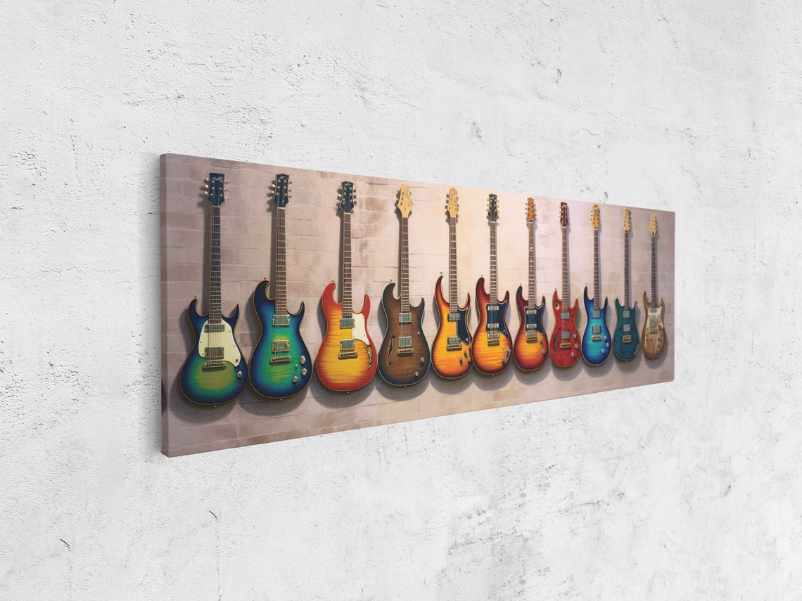 Colorful Electric Guitars Panoramic Lineup Against Brick Wall Print - Image 4