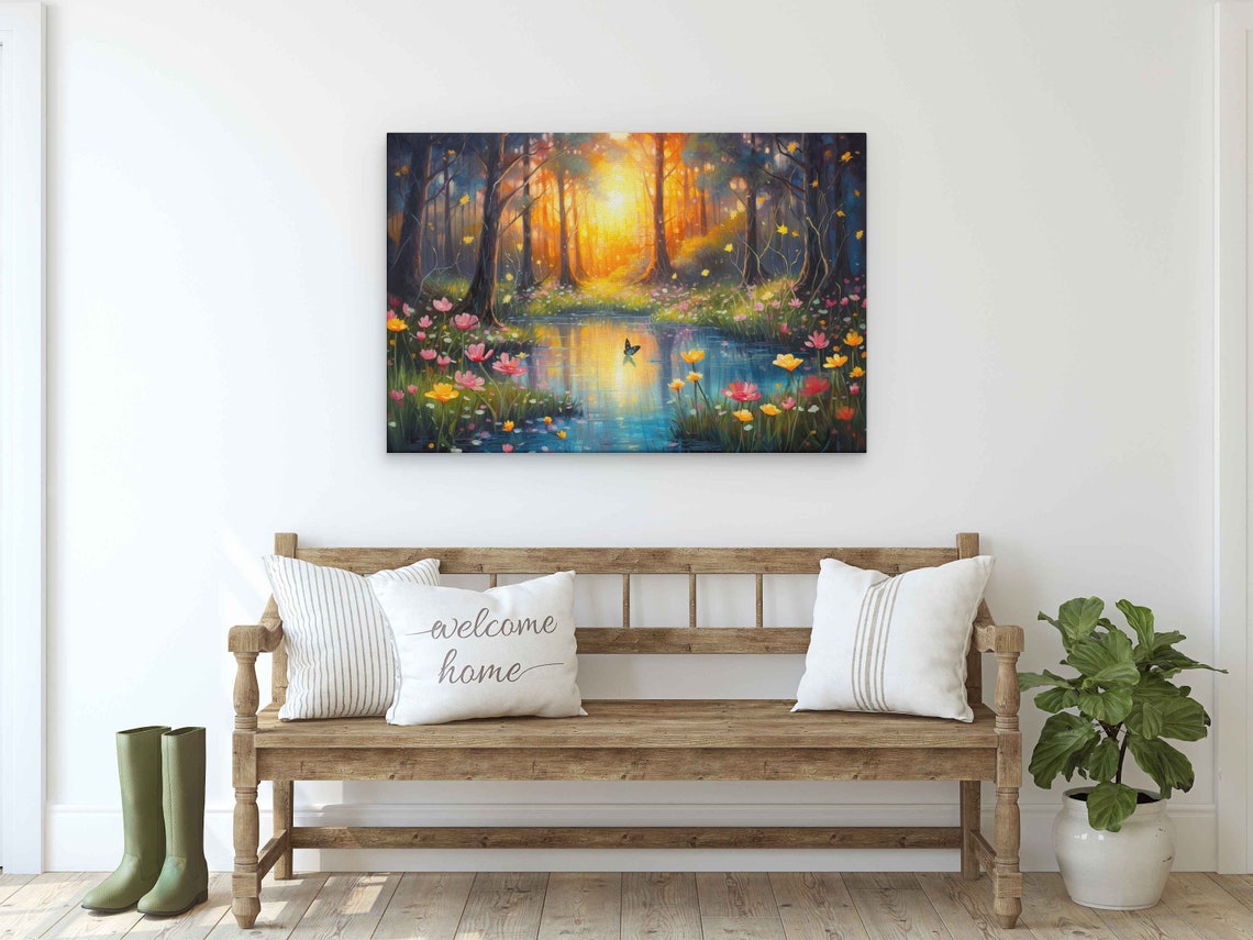 Watercolor Magical Forest With Butterfly Print On Ready To Hang Framed Option Housewarming Gift For Her - Image 2