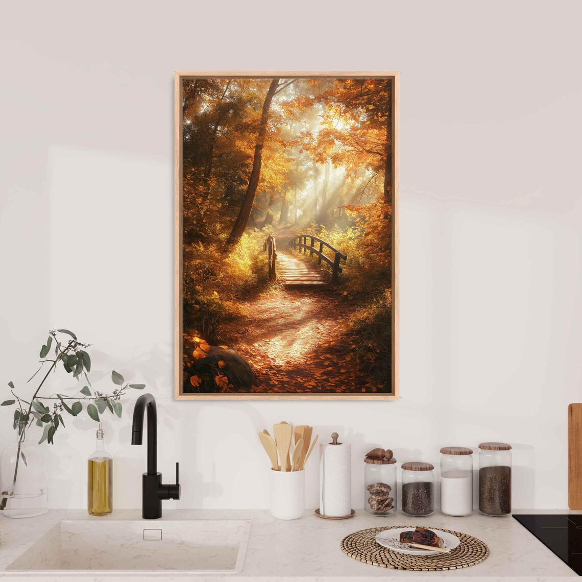 Autumn Forest Path With Bridge, Nature Scene