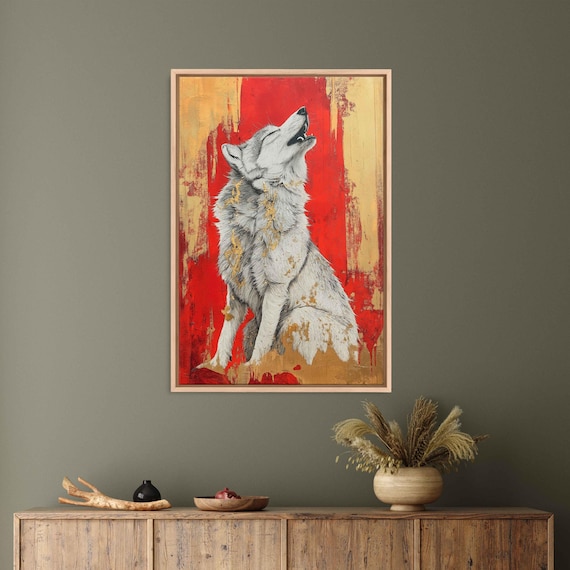 Howling White Wolf Red And Gold Abstract Fluid Animal Art Poster